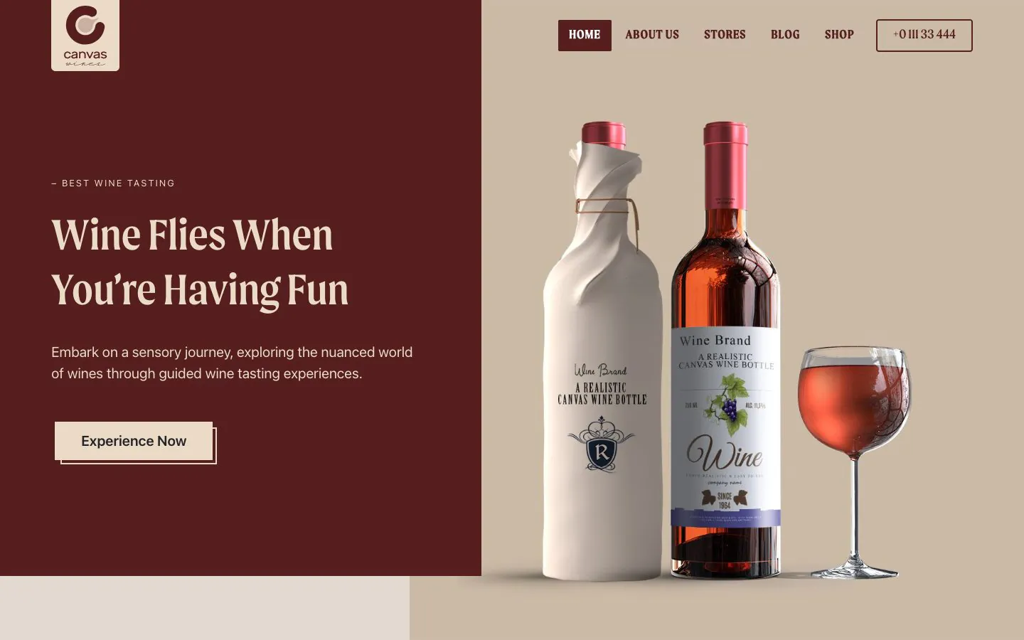 The Wine demo home page, a split hero with the tasting headline beside the bottle photograph
