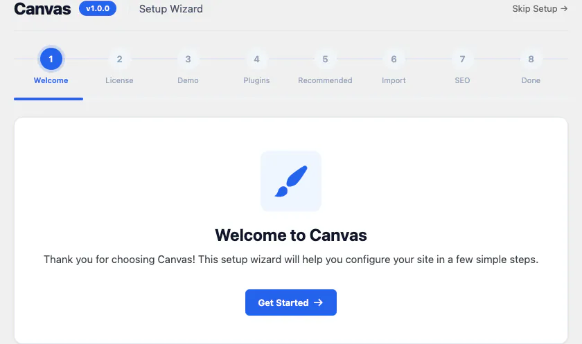 Canvas setup wizard, welcome step