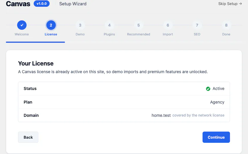 Canvas setup wizard, licence step