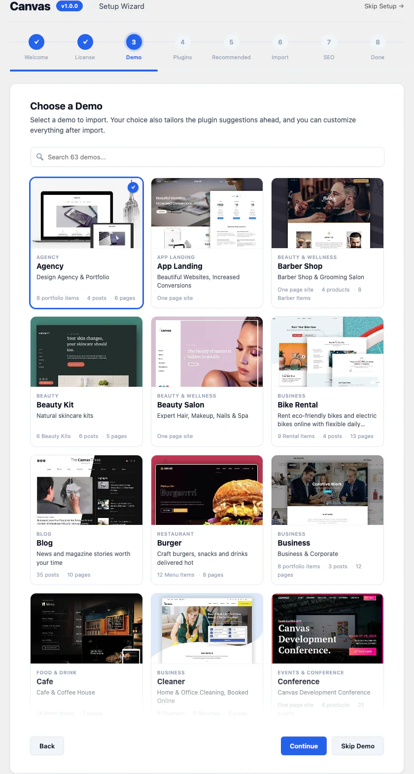 Canvas setup wizard, demo step