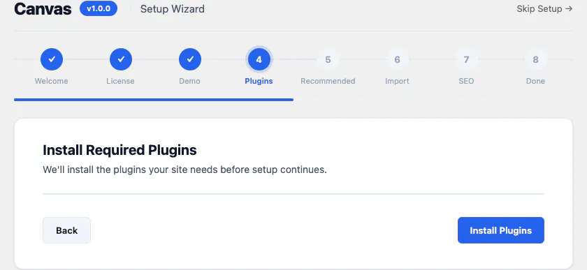 Canvas setup wizard, plugins step