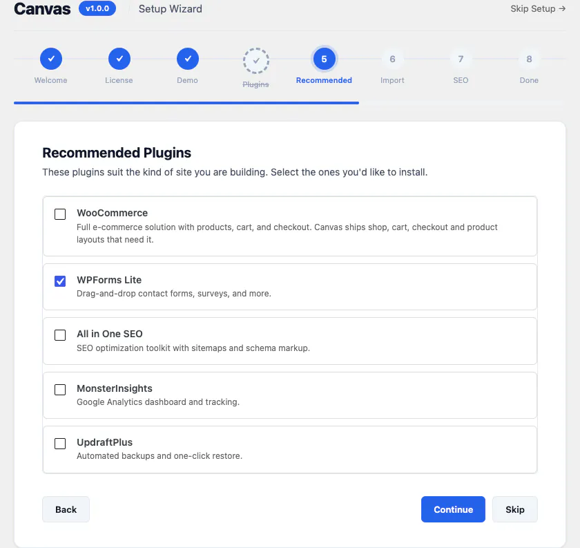 Canvas setup wizard, recommended step