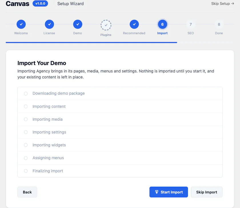 Canvas setup wizard, import step