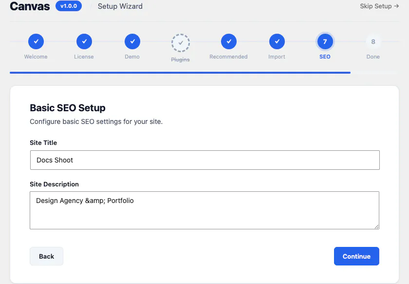 Canvas setup wizard, seo step