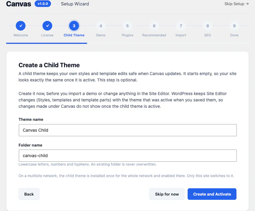Canvas setup wizard, child theme step, with the theme name and folder name filled in and the choice of Skip for now or Create and Activate