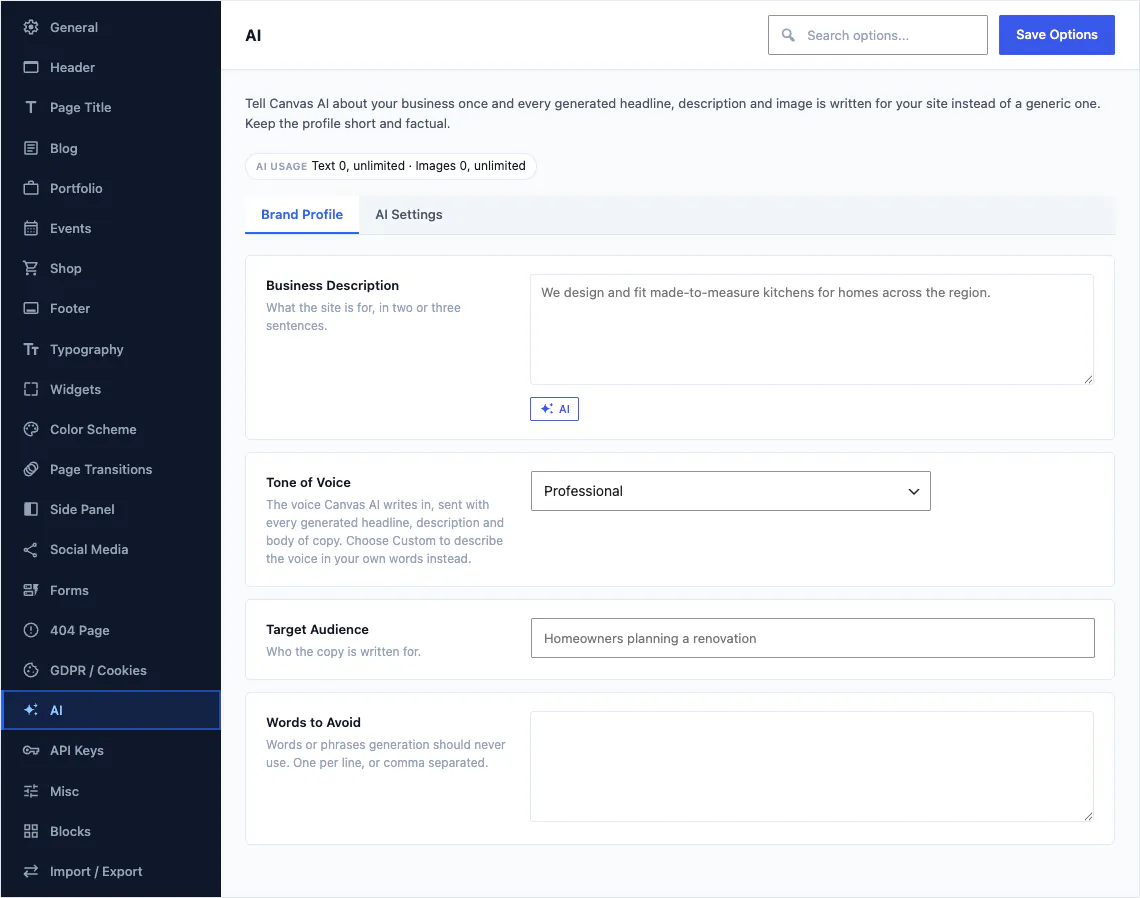The AI section of Canvas Theme Options with business description, tone, audience and words to avoid