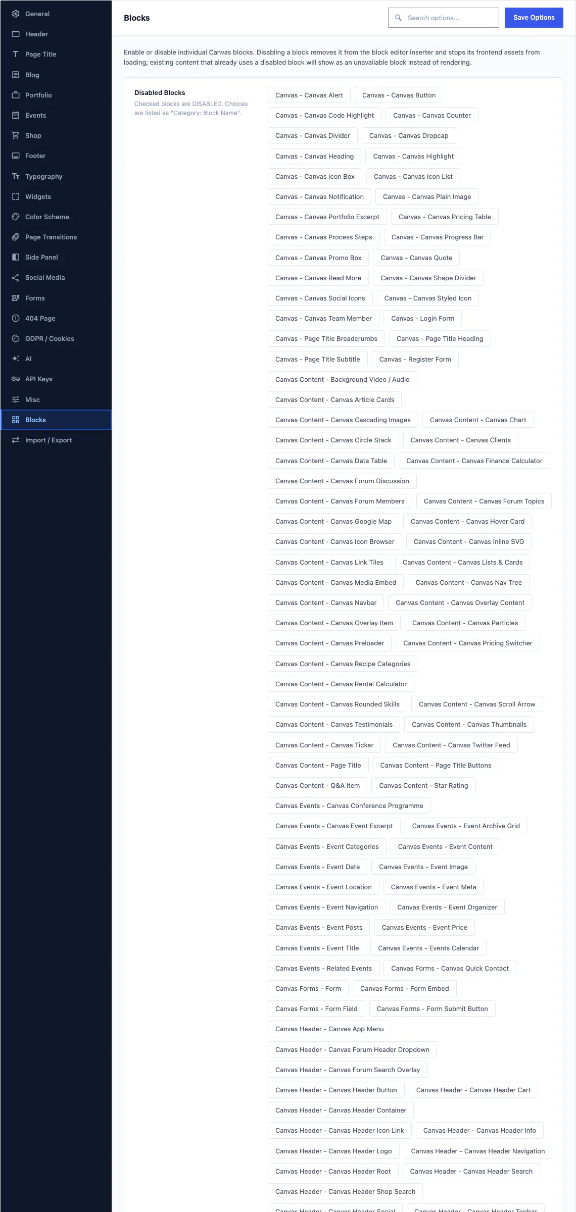 The Blocks section of Canvas Theme Options, listing every block Canvas registers with a checkbox beside each one