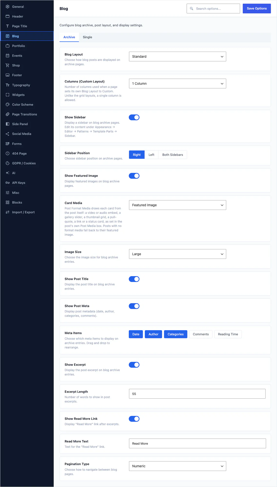 Canvas Theme Options, blog section