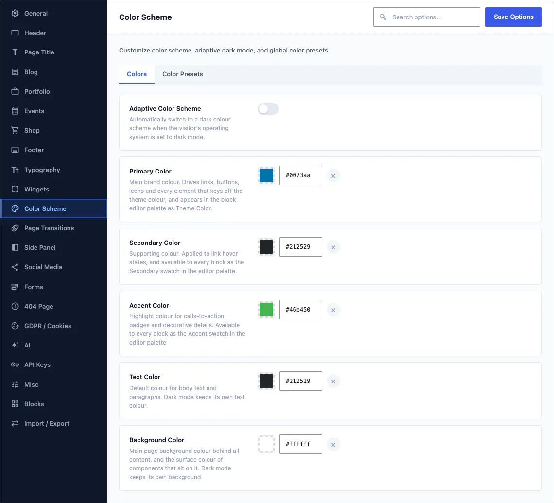 Canvas Theme Options, colours section