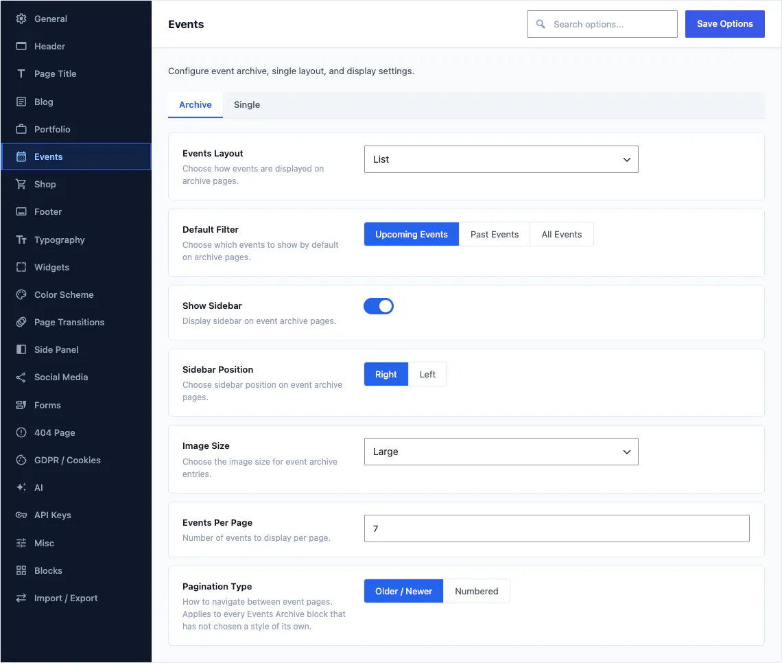 Canvas Theme Options, events section, showing the events layout, the upcoming, past or all filter, the sidebar and its position, image size, events per page and pagination type