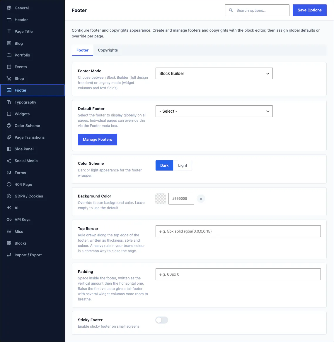 Canvas Theme Options, footer section