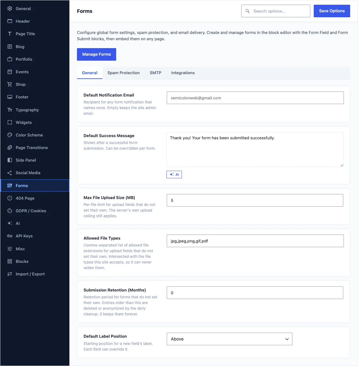 Canvas Theme Options, forms section