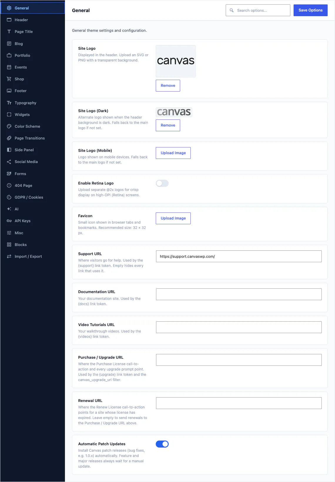 The Canvas Theme Options screen, general section, with the section list on the left and the site logo, favicon and update fields on the right