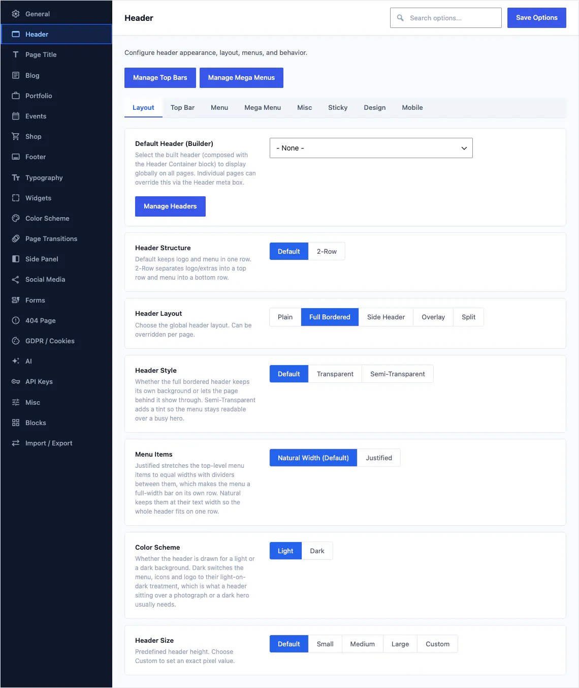Canvas Theme Options, header section