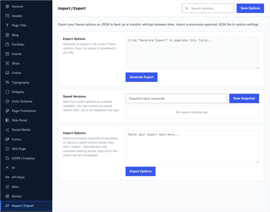 Canvas Theme Options, import and export screen