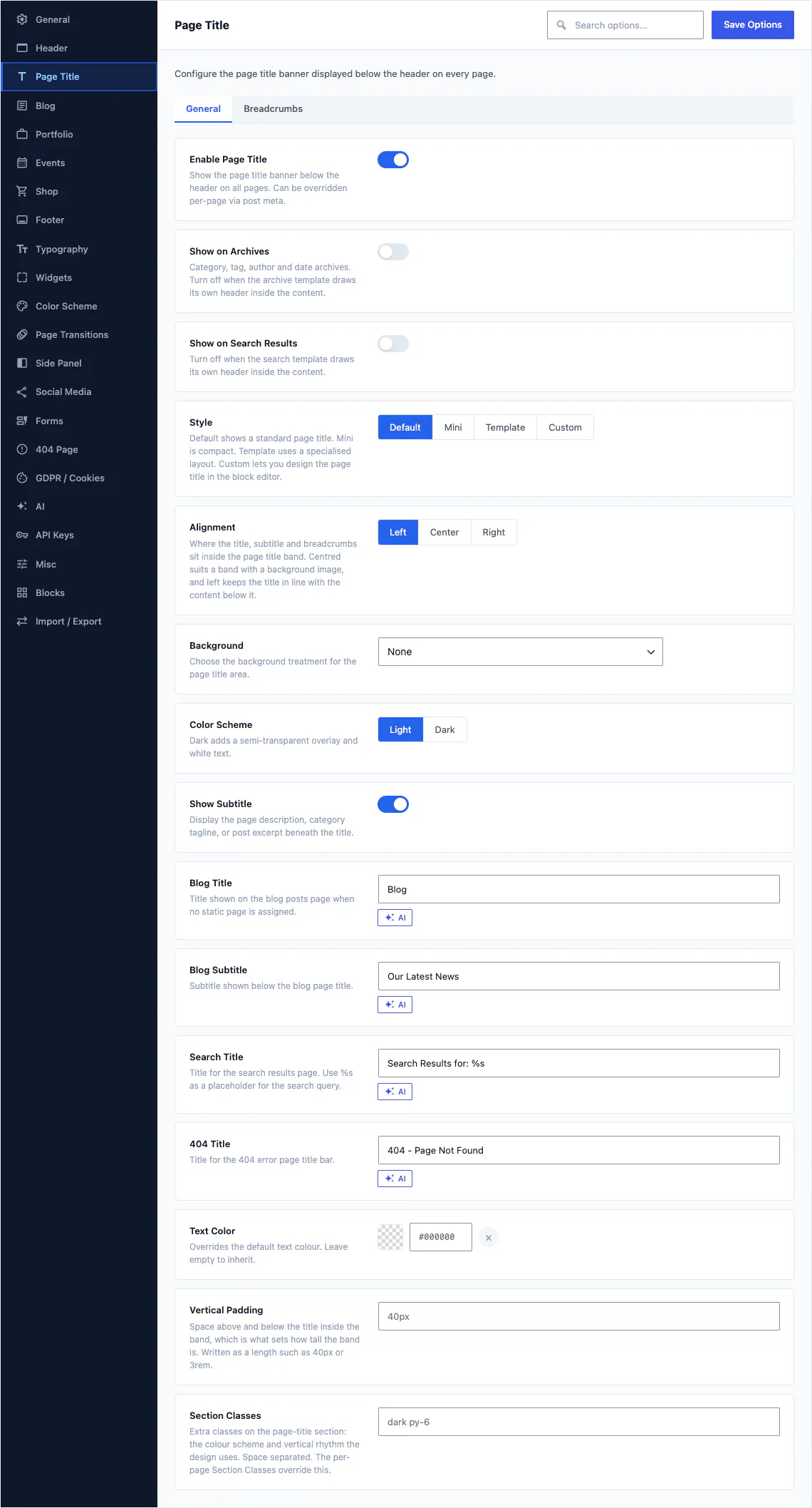 Canvas Theme Options, page title section, showing the Default, Mini, Template and Custom style choice above the alignment, background, colour scheme, subtitle and vertical padding fields