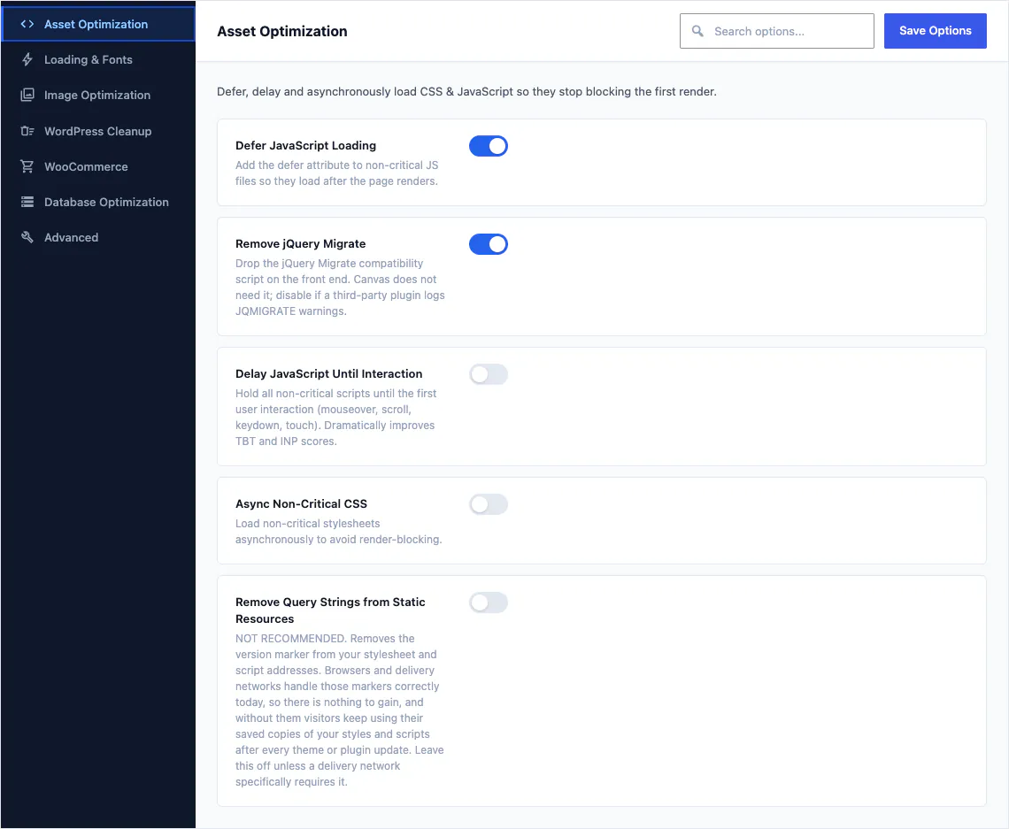 The Asset Optimization tab of the Canvas performance options, with switches for deferring JavaScript, removing jQuery Migrate, delaying JavaScript until interaction and loading non-critical CSS asynchronously