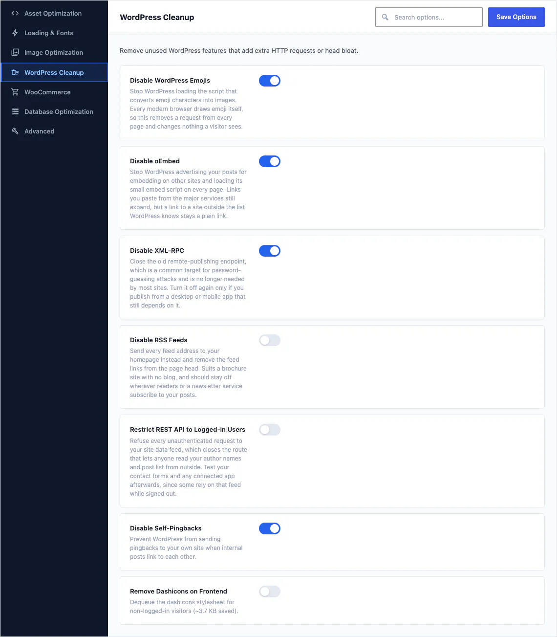 The WordPress Cleanup tab of the Canvas performance options, with switches for emojis, embeds, Dashicons, XML-RPC, RSS and pingbacks
