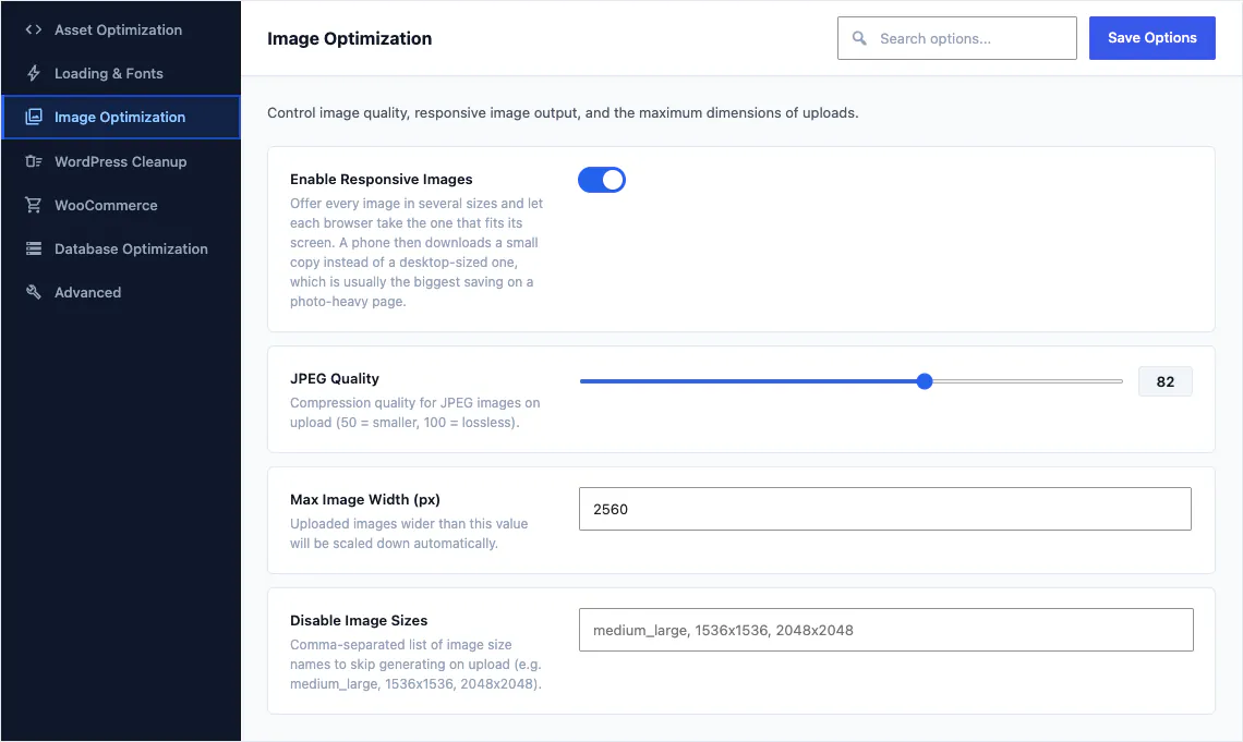 The Image Optimization tab of the Canvas performance options, with lazy loading, JPEG quality and image size controls