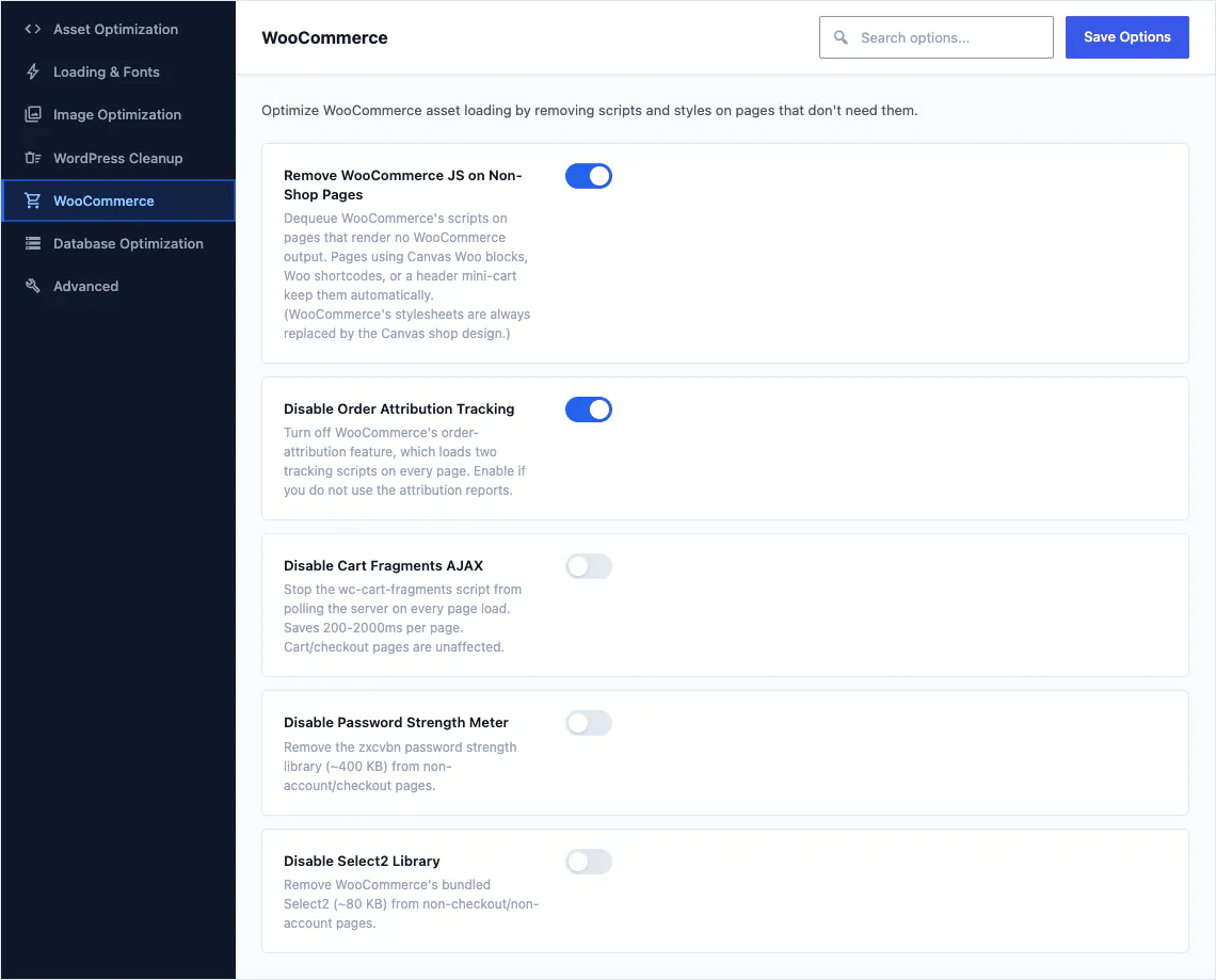 The WooCommerce tab of the Canvas performance options, showing five switches for removing WooCommerce scripts from pages that do not need them