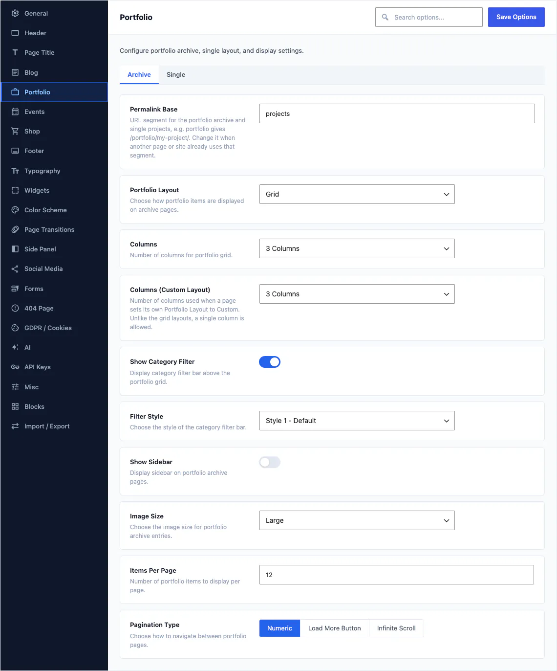 Canvas Theme Options, portfolio section