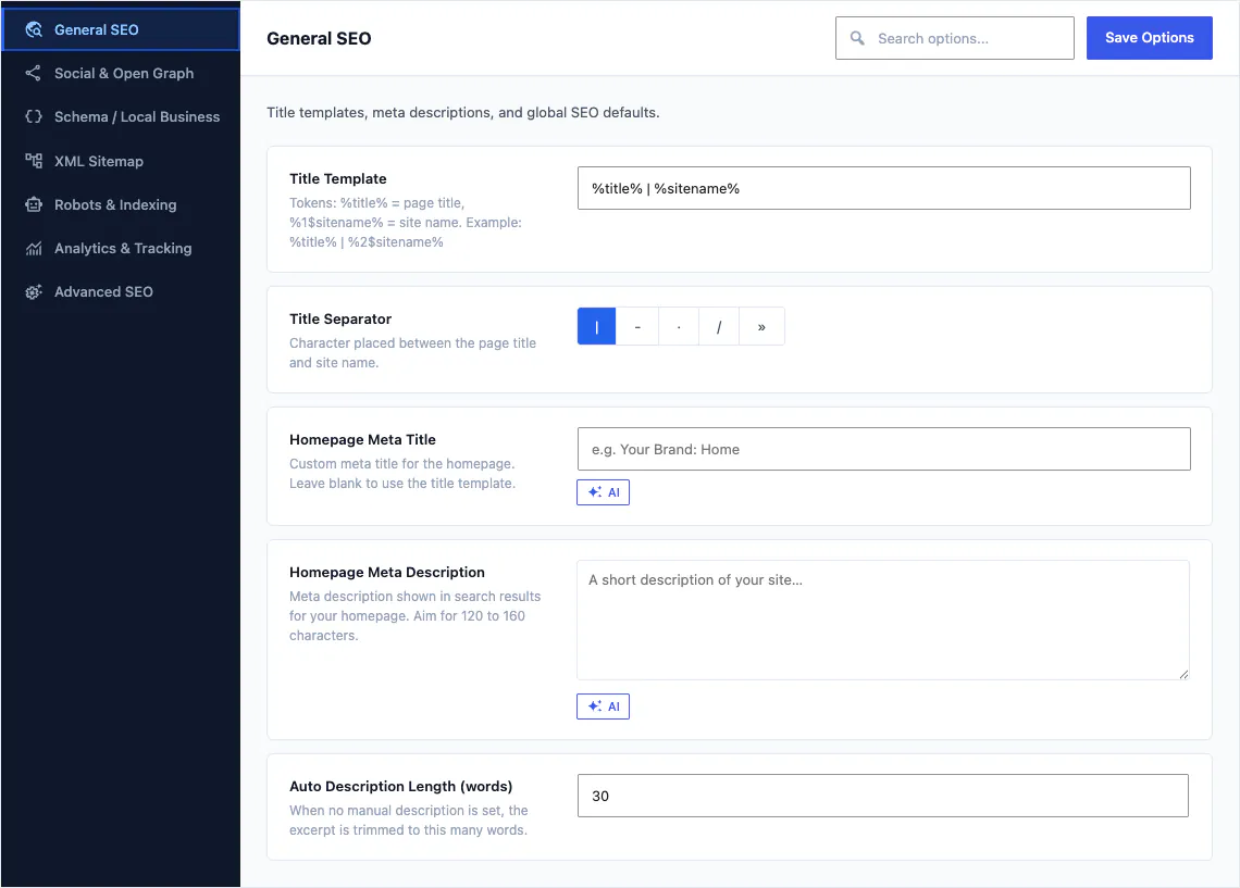The Canvas SEO screen, general tab, showing the title template, separator and homepage meta fields