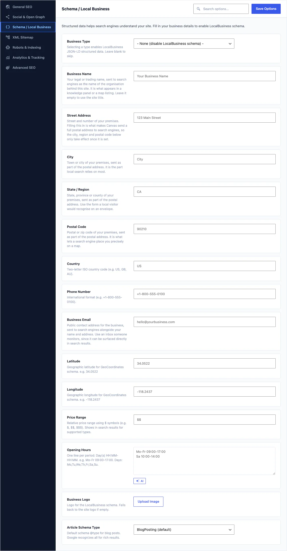 Canvas Theme Options, SEO schema screen