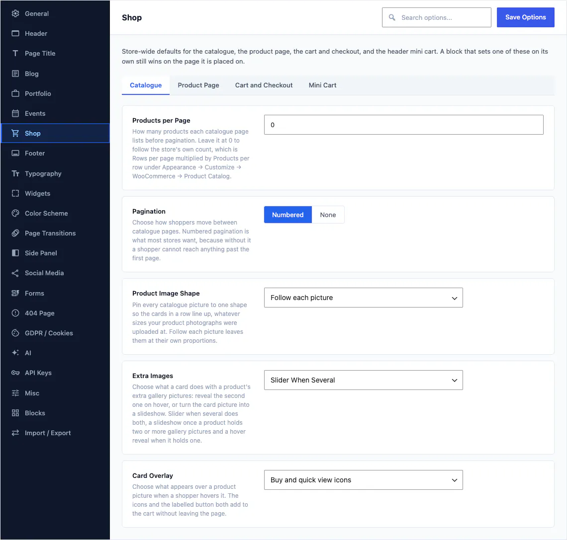 Canvas Theme Options, shop section