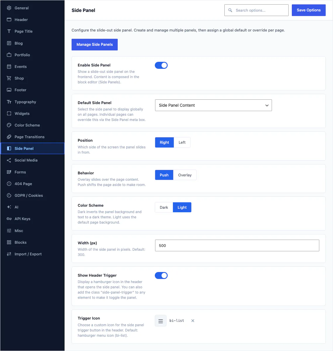 Canvas Theme Options, side panel section, with the default panel, the side it opens from, push or overlay behaviour, colour scheme, width and trigger icon