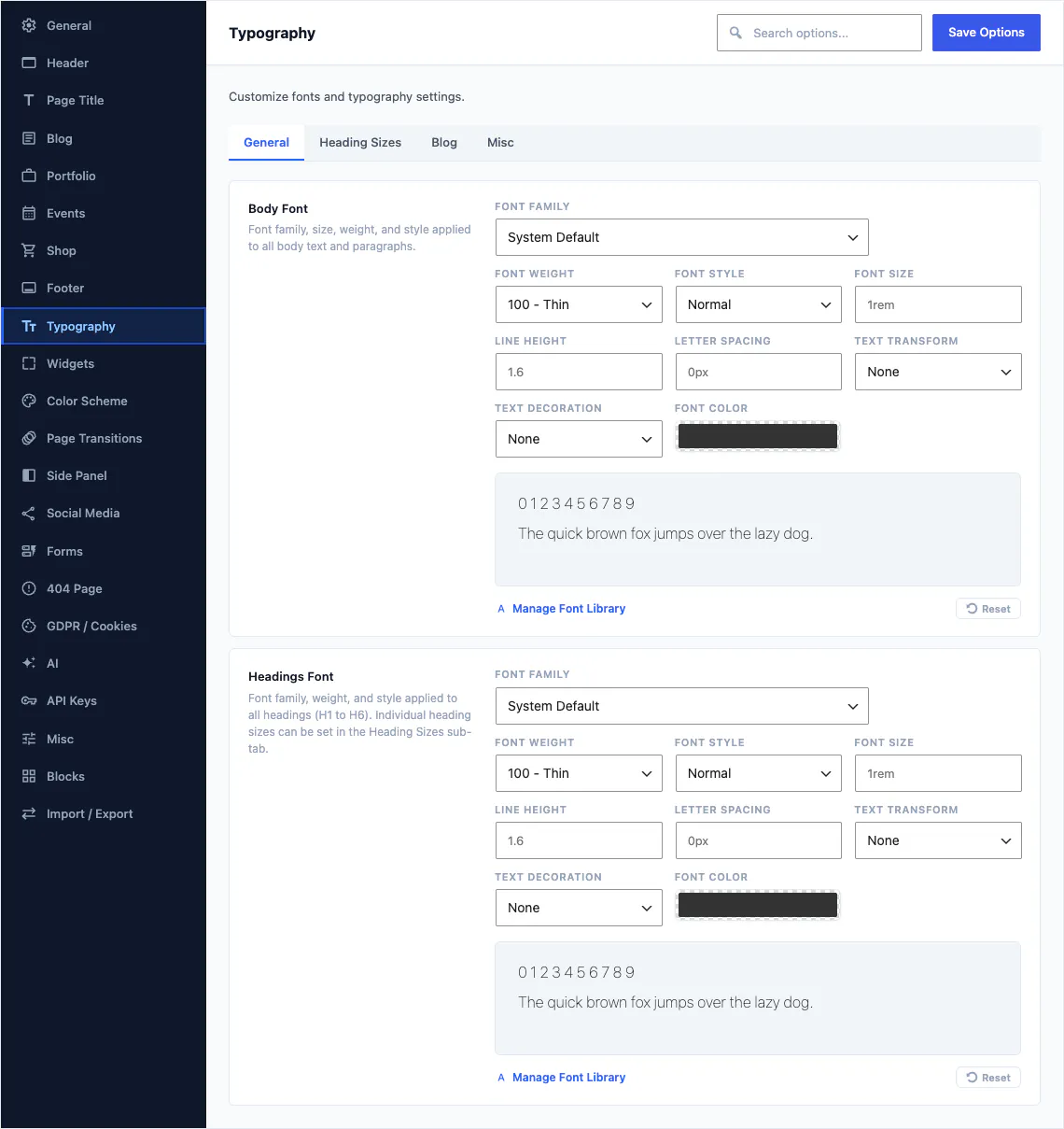 Canvas Theme Options, typography section with the font picker